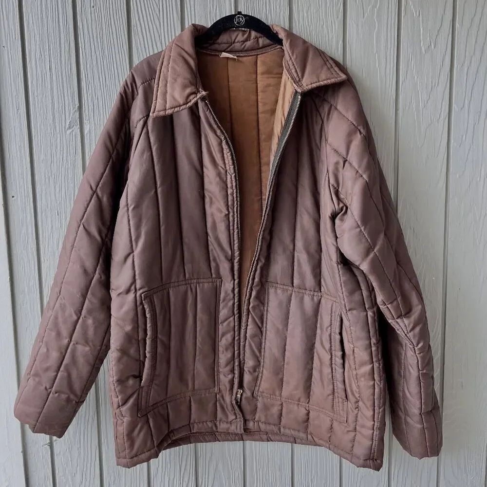 Vintage 70s Brown Quilted Nylon Jacket Workwear Chore Coat Insulated Zip XL